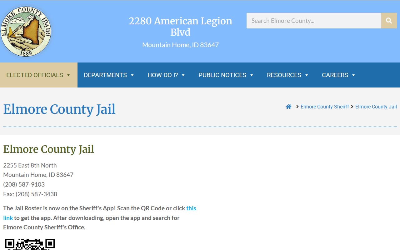 Elmore County Jail webpage with roster app and jail information