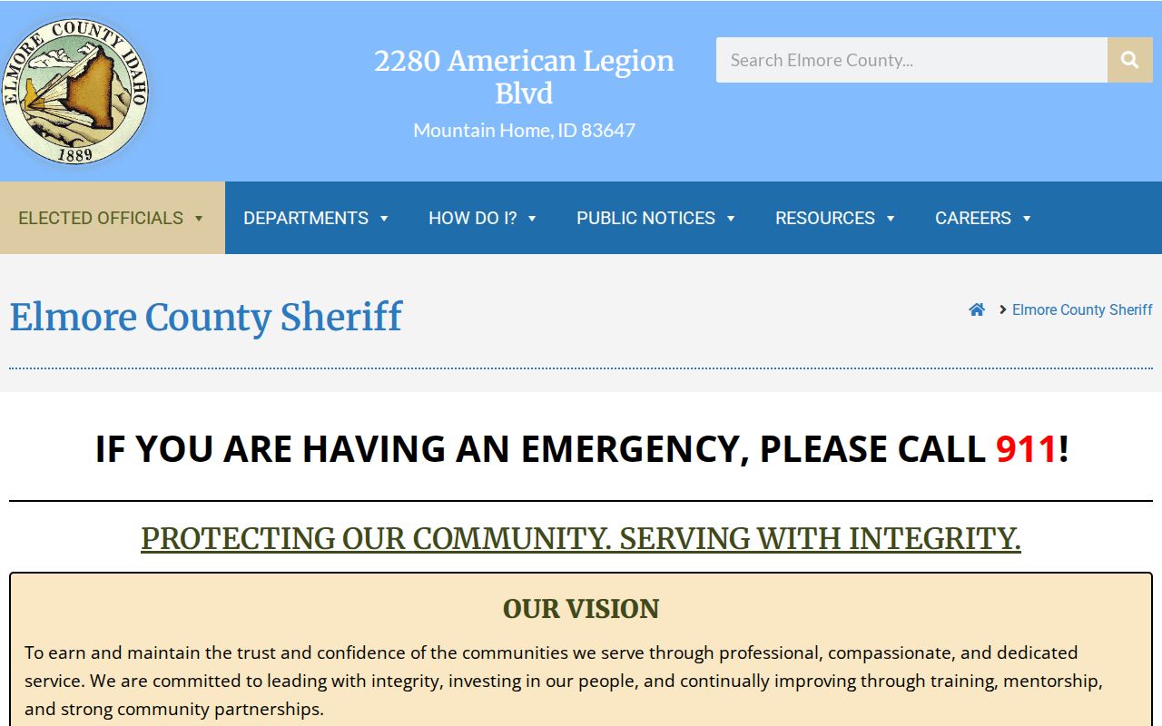 Elmore County Sheriff's Office official contact page for Glenns Ferry county policing