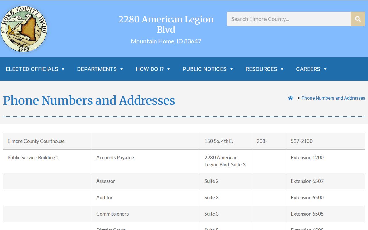 Elmore County phone directory with warrant department contact