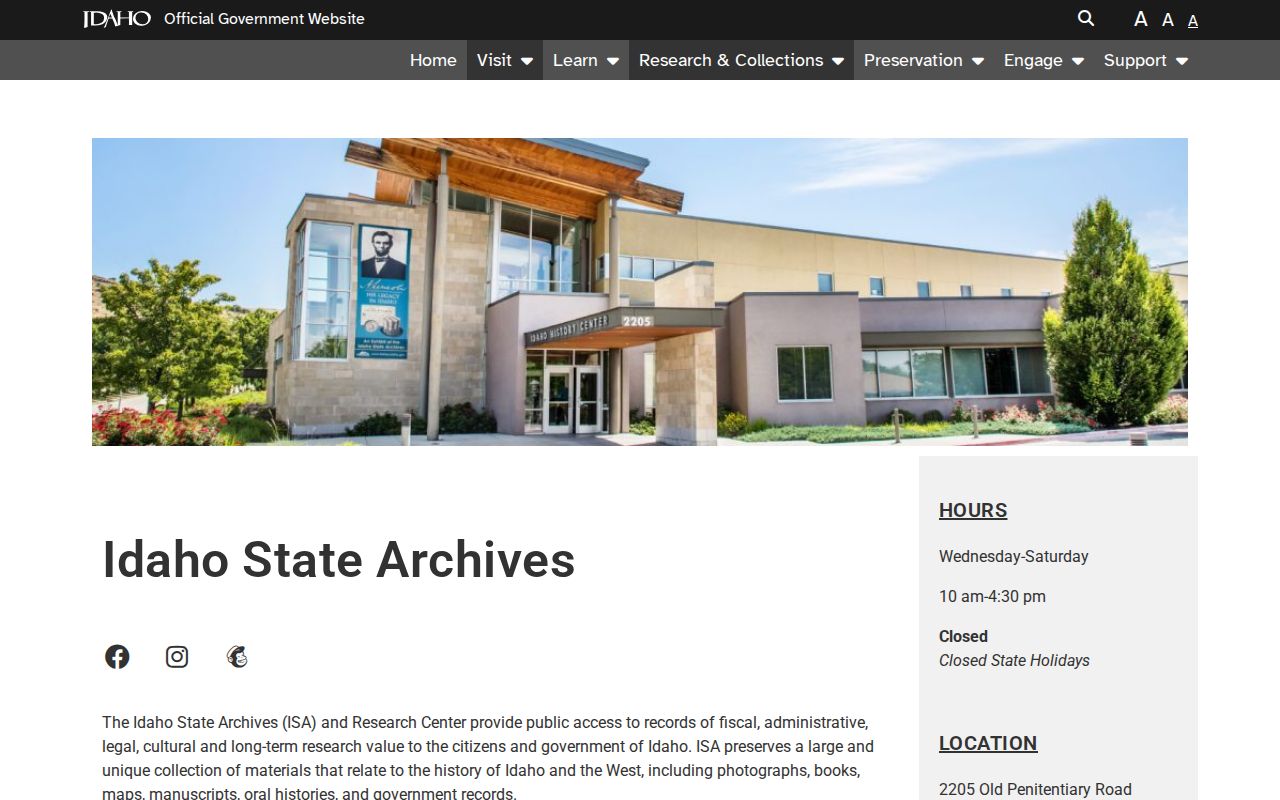Idaho State Archives public records access webpage